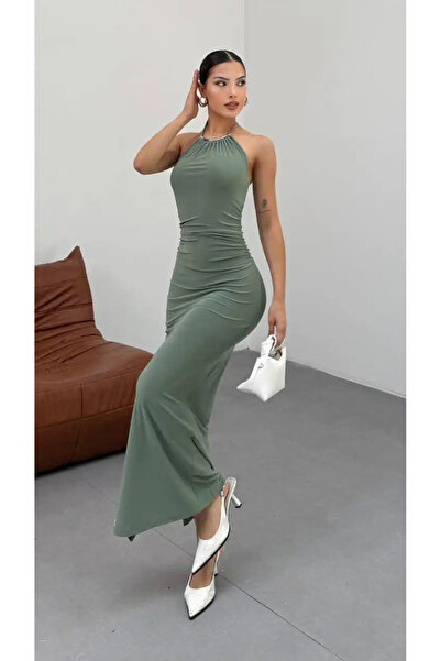 cemo Yaka Ay Aksesuarlı Boyundan Bağlamalı Drapeli Uzun Elbise