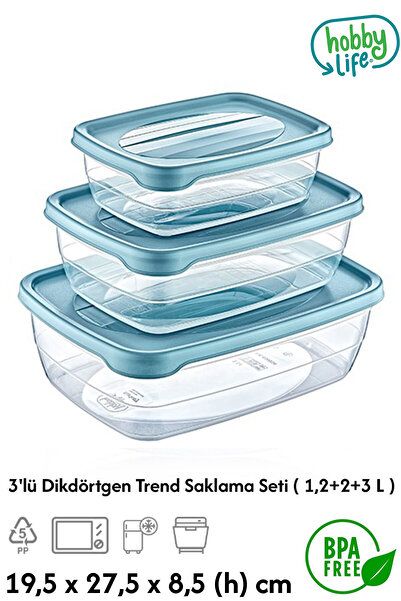 Plodna House 3-Piece Rectangular Trend Storage Set (1 Pcs 1.2 L - 1 Pcs 2L - 1 Pcs 3 L)