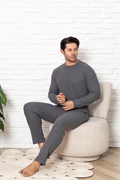 GUAVA+ Men's Grey Crew Neck Buttonless Winter Waffle Cotton Fabric Long Cuffed Sleeve Pajama Set with Pockets