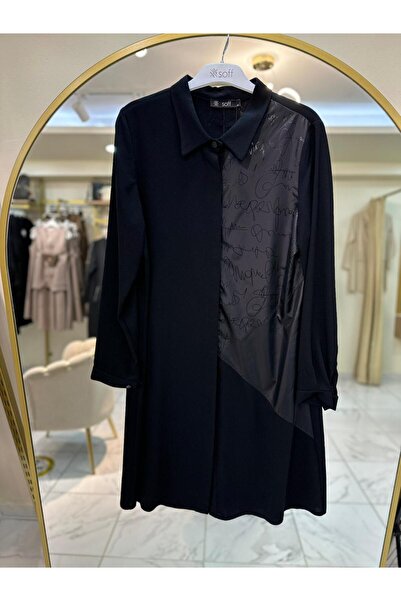 Soff KREP KUMAŞ İMZA DETAYLI 104 CM UZUNLUĞUNDA GİZLİ DÜĞMELİ TUNİK