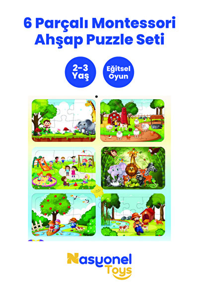 NASYONEL TOYS Çocuklar İçin 6’lı Ahşap Montessori Puzzle Seti – Eğitici Yapboz –