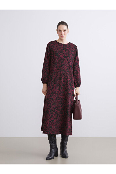 LC Waikiki Burgundy Plus Size Crew Neck Patterned Dress