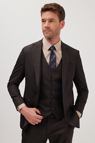 Tudors Erkek Slim Fit Kahverengi Esnek Likralı Kumaş Sivri Yaka Yelekli Takım Elbise