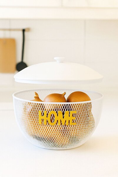 VENON Home Written White Riyadh Lid Covered Metal Fruit Crisper Basket Gold Decorative Kitchen Organizer