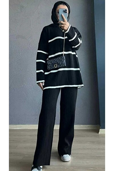 Cemre Life Σετ Πλεκτά Άνετα Εφαρμοστά - Γυναικείο Συνδυασμός Ριγέ Ολόσωμο Μπλ...