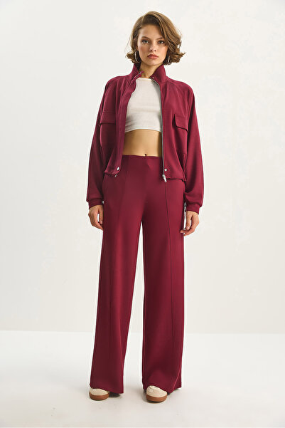 Bianco Lucci Women's Double Pocket Detailed Zippered Rubber Waist Jacket and Loose Pants Modal Set 4035 60283606