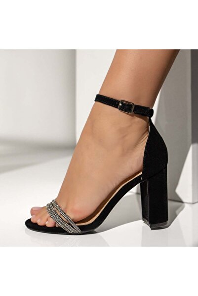 Modlet.ro Women's black suede thick-heel sandals with metallic details MOD09227