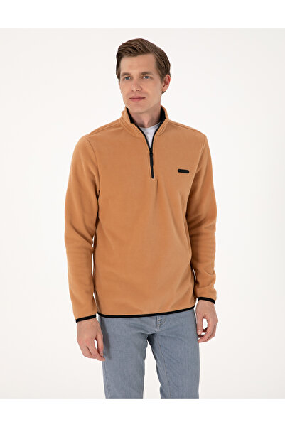 Pierre Cardin Light Brown Regular Fit Half Zipper Fleece Sweatshirt 50314056-...