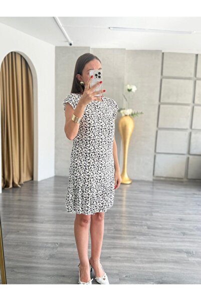 BETULAKSUBUTİK Short Sleeve Crew Neck Hem Flounce Short Woven White Dress