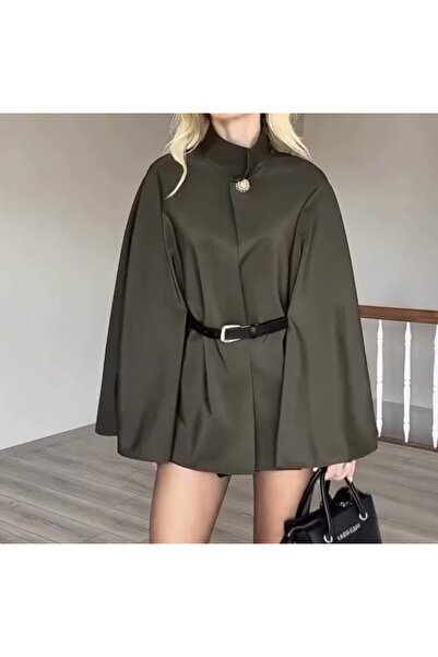 ŞEVVALCE KADIN Gold düğme detaylı kemerli panço