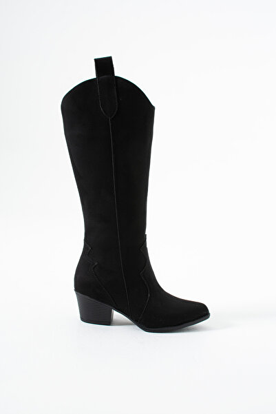 Gökçe Shoes Darolin Siyah Süet Kadın Western Topuklu Çizme