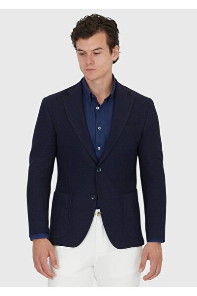 Ramsey Navy Blue Plain Shirt Shoulder Slim Fit Cotton Blend Knitted Jacket