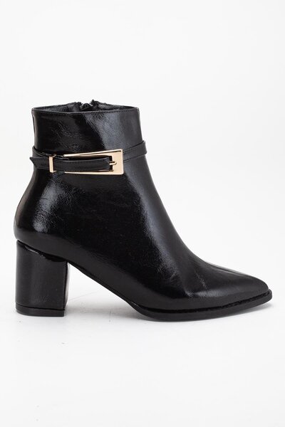 Dilimler Ayakkabı Siyah Kadın Topuklu Bot Kırışık Rugan Sivri Kalıp Tan Tokalı