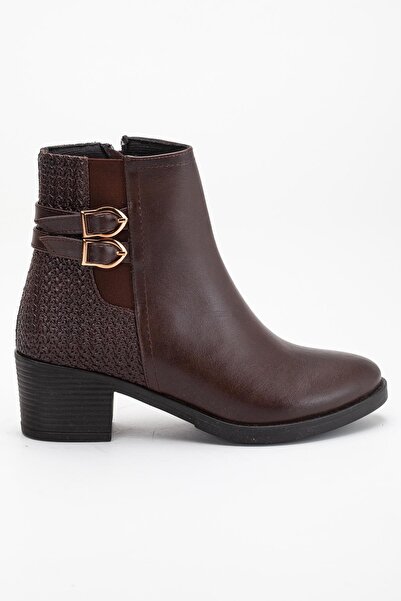 Dilimler Ayakkabı Brown Women's Heeled Boots Straw Detailed Faux Leather Buckle