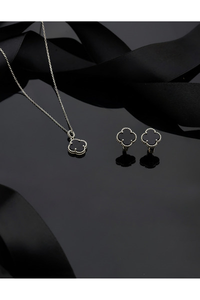 Erdobia 925 Ayar Oniks Taşlı Rodyum Yonca Kolye Küpe 2'li Gümüş Set-Takım