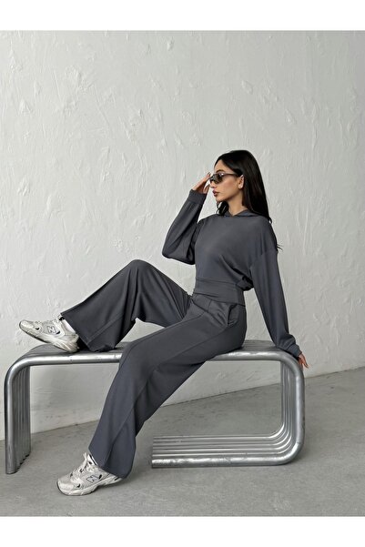 BEJNA Dámská šedá modalová mikina s kapucí a širokými nohavicemi, spodní část, měkký sportovní komplet
