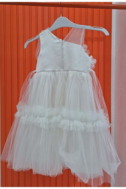 SCZ Beyaz Tek Omuz Tüllü Kız Çocuk Abiye Elbise