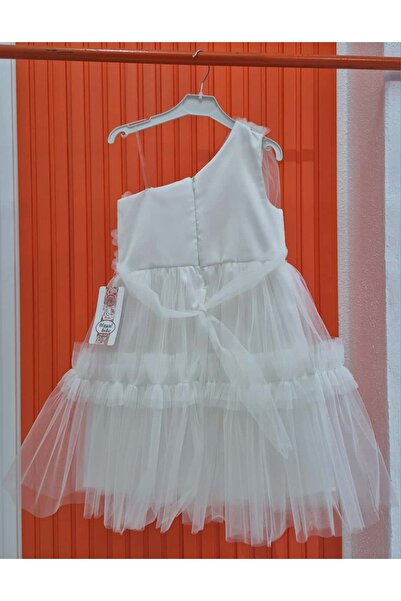 SCZ Çiçek Detaylı Tek Omuz Kız Çocuk Abiye Elbise – Beyaz