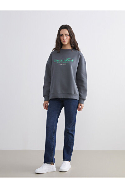 LC Waikiki Gray California Printed Oversize Women's Thick Sweatshirt