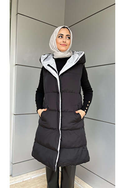 Modayıldızlar Черно-сиво двулицево дълго яке с качулка