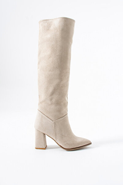 Gökçe Shoes Vilda Bej Süet Körük Detay Kadın Topuklu Çizme