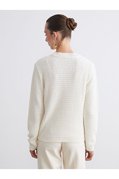 LC Waikiki Ekru Bisiklet Yaka Kendinden Desenli Kadın Triko Hırka