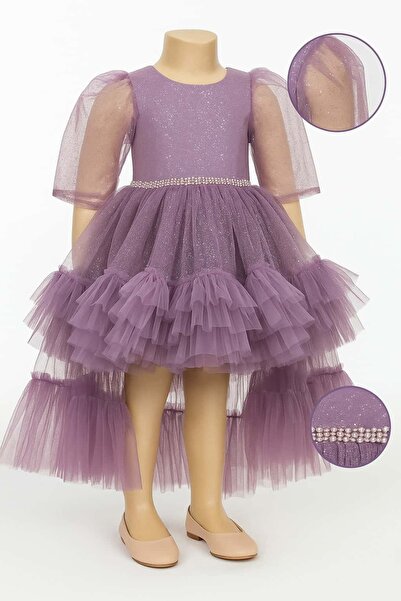SCZ Işıltılı Melek Kollu Lila Prenses Elbisesi