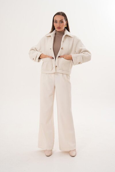 Flame İstanbul Butik Μάλλινο κρεμ μπουφάν με διπλή τσέπη με κουμπιά μπροστά SRP1065