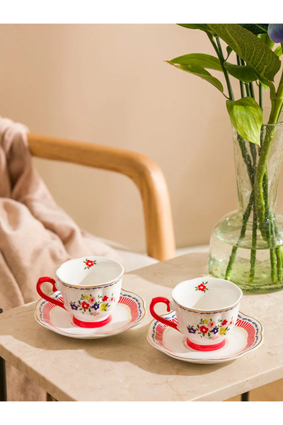 LC Waikiki Lcw Home Mixed Flower Printed Porcelain Coffee Cup Set for 2 Peopl...