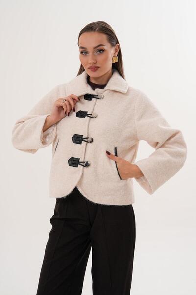 Flame İstanbul Butik Δερμάτινο μπουφάν με ρέλι Floto με πόρπη με τσέπες κρεμ SRP1091