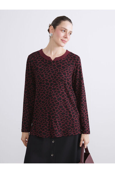 LC Waikiki Burgundy Crew Neck Leopard Patterned Women's T-Shirt