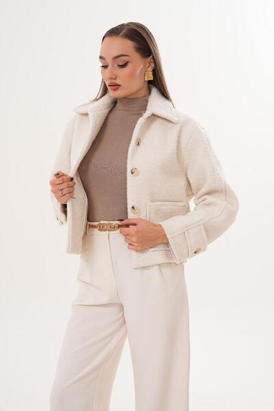 Flame İstanbul Butik Μάλλινο κρεμ μπουφάν με διπλή τσέπη με κουμπιά μπροστά SRP1065