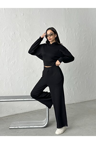 BEJNA Schwarzes Modal-Textur-Kapuzenoberteil für Damen mit weitem Bein und Hose unten oben, weiches Sport-Set