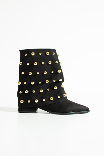 Gökçe Shoes Lien Siyah Gold Trok Detay Kadın Körüklü Çizme