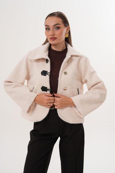 Flame İstanbul Butik Δερμάτινο μπουφάν με ρέλι Floto με πόρπη με τσέπες κρεμ SRP1091