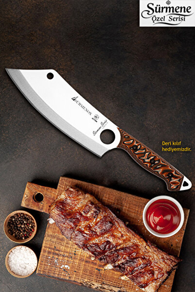 SÜRMENOX Sürmene Serisi Action Mutfak Şef Bıçağı Bıçak Kamp Bıçağı Deri Kılıflı Kahve Verzalit Sap HDS-124