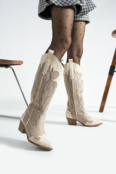 Gökçe Shoes Meylin Bej Süet Nakış Detay Kadın Topuklu Çizme