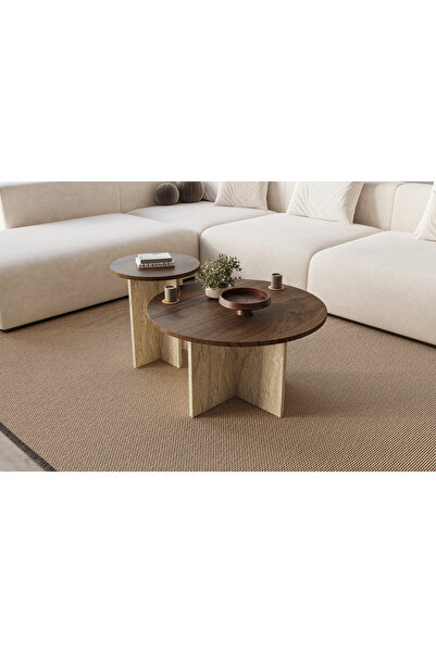 MONEayna Private Dekoratif Ceviz Mermer 2'li Orta Sehpa İskandinav