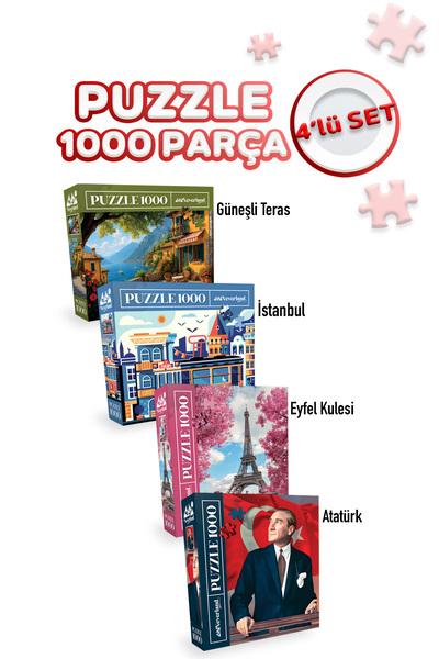 Neverland 4 ADET 1000 PARÇA PUZZLE -GÜNEŞLİ TERAS VE ISTANBUL VE EYFEL KULESİ VE ATATÜRK