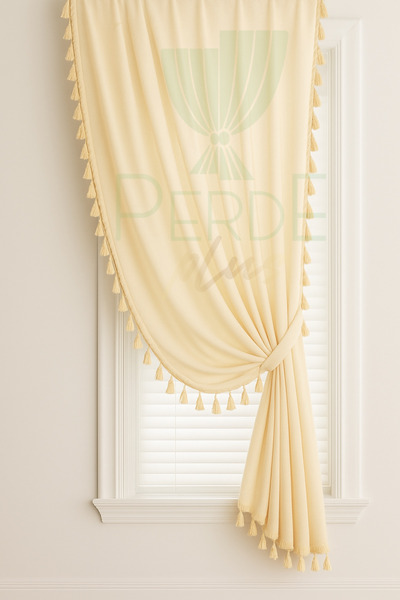 Perdeplus Tassel Detailed Honeycomb Top Bohemian Background Curtain, Single Panel, Cornice and Rustic Compatible