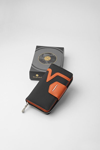 CENGİZ PAKEL Orta Boy Kadın Cüzdan – 65295L - Siyah/Kiremit
