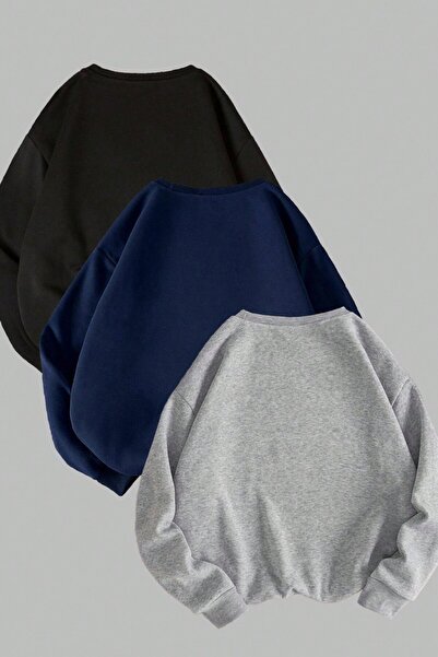 MODAGEN Unisex 3'lü Lacivert Gri Siyah Bisiklet Yaka Oversize Sweatshirt