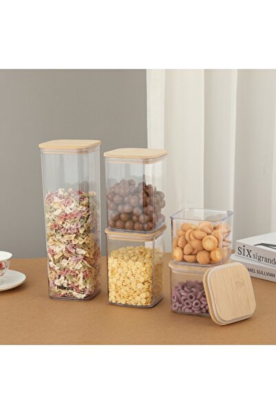 Flippy Food Storage Containers Set, 5-piece, Transparent with Bamboo Lids