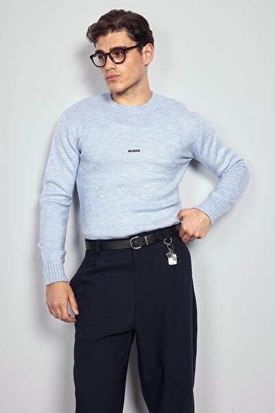 ablukaonline Мъжки пуловер с права кройка и обло деколте, светлосин