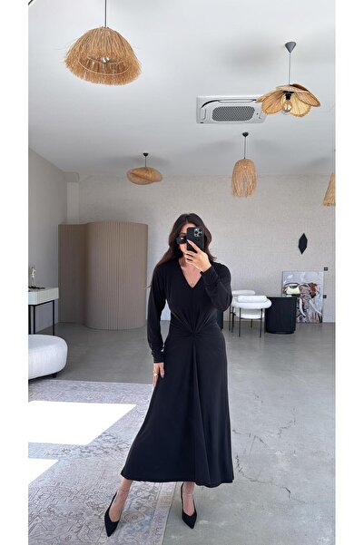 Buket Teke Siyah Düğüm Detaylı V Yaka Elbise