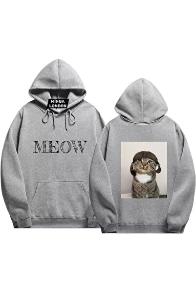 Minga London سويت شيرت رمادي اللون للجنسين مطبوع عليه Meow Front - Back -Ming...