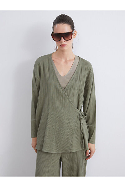 LC Waikiki Khaki Double-Breasted Collar Textured Muslin Women's Kimono