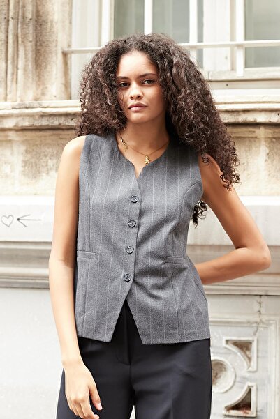 Jument Women's Striped Plaid Flato Pocketed Buttoned Lightweight Stretchy Fabric Vest-Anthracite Thick Line