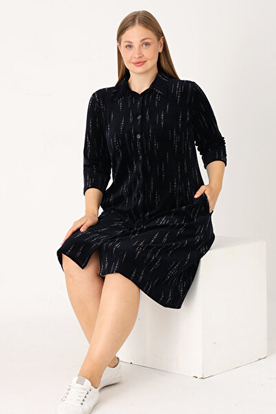 İntensive Lacivert Boydan Düğmeli Cepli Kadife Büyük Beden Elbise