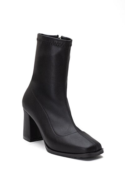 Dilimler Ayakkabı Black Women's Heeled Boots Stretch Faux Leather Blunt Toe Chunky Heels